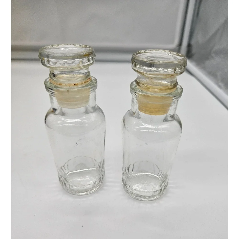 Vintage Made in Japan Clear Glass Apothecary Spice Bottles Beaded Stopper Set 2
